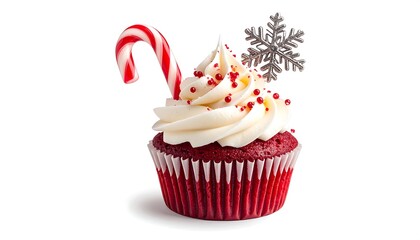 A festive cupcake, red velvet cake base with white frosting, candy cane, and silver snowflake. Red sprinkles add color