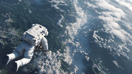 Fototapeta premium Astronaut spacewalking above the curving blue planet surface with dense cloud cover
