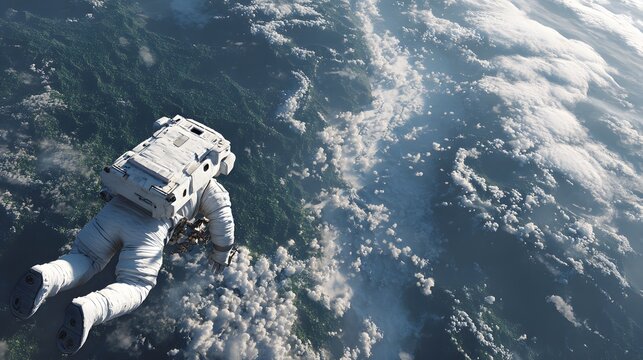 Astronaut spacewalking above the curving blue planet surface with dense cloud cover - Powered by Adobe