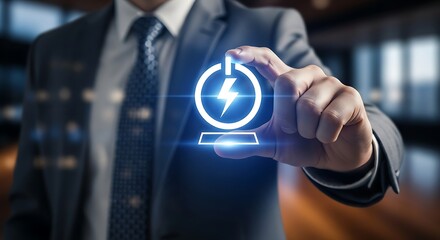 Man holding power icon in suit jacket with a blurred background