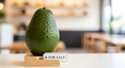 A single avocado with a for sale tag on a wooden stand indoors