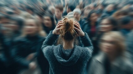 A woman stands in a busy street, visibly stressed as she holds her head in her hands. Surrounding her are blurred figures of many people, creating a sense of chaos.