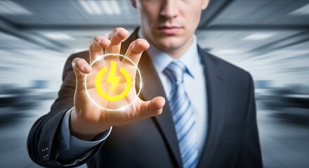 Businessman holding a power icon in his hand in a blurred office