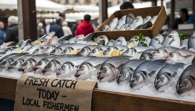A market stall displays fresh fish on ice, with lemon slices and parsley as garnish, a sign reading "Fresh Catch - Powered by Adobe