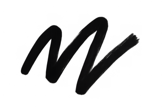 Black brush stroke drawing a diagonal zigzag line, abstract doodle element with ink texture on transparent background