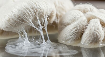 Dissolving pulp fibers suspended and dissolving in a liquid, showing viscosity