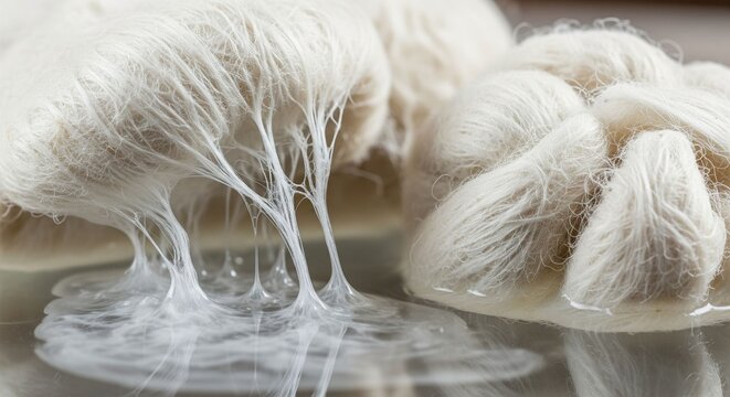 Dissolving pulp fibers suspended and dissolving in a liquid, showing viscosity