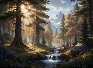 A serene forest scene with a winding stream and majestic mountains in the distance, bathed in golden sunlight