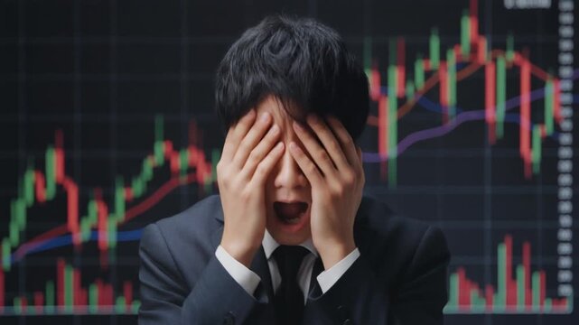 株価暴落にショックを受けて絶望しているスーツの20代男性