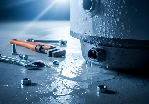Closeup of a leaking water heater with tools nearby, indicating a plumbing problem and the need for repair or replacement to prevent further damage