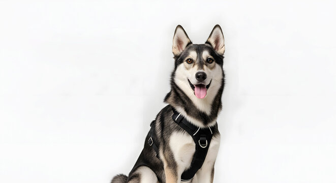 Happy husky dog sitting with harness against white background  