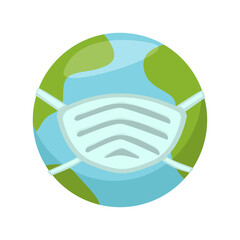 Earth planet wearing mask icon, earth globe and medical mask vector illustration, environmental health protection, symbolizing the importance of global hygiene and pollution prevention