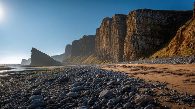 Majestic cliffs tower above a smooth sandy beach, framed by rocky formations at low tide. The clear blue sky adds to the serene atmosphere of this coastal landscape.