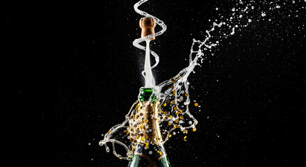 Fototapeta premium Champagne bottle exploding Celebration of fizz, bubbles and effervescence on a black background