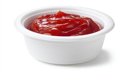 Thick and smooth ketchup sits in a small white cup, perfect for fries or burgers. The rich red color invites a taste of tangy sweetness, ideal for enhancing meals.