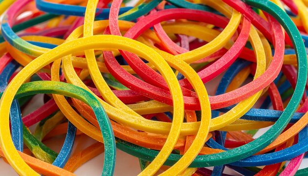 A close-up shot of a tangled assortment of colorful, flexible bands, overlapping each other. The bands appear to be made of a smooth material