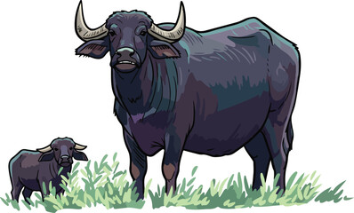 Asian water buffalo with calf vector cartoon illustration