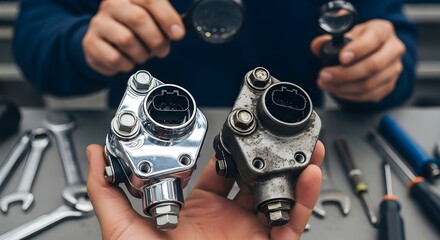 Title: Comparison of New and Used Mechanical Parts on Workshop Table
