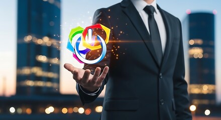 Businessman holding colorful power button with city in background