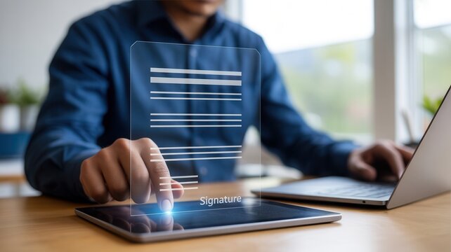 Professional signing digital document on tablet, modern contract approval, business efficiency, and digital transformation concept.