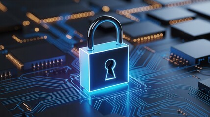 Digital padlock glowing on circuit board signifies cybersecurity, data protection, and technological safeguarding for modern networks and systems