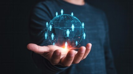 Global network connections visualized on hand, representing worldwide communication and interconnectedness.