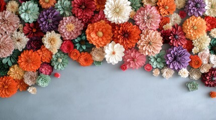 Floral Fantasy: Vibrant Handmade Paper Flowers Cascade on a Soft Background