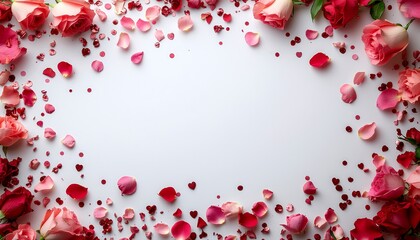 Elegant Rose Frame Border with Petals and Hearts Flat Lay