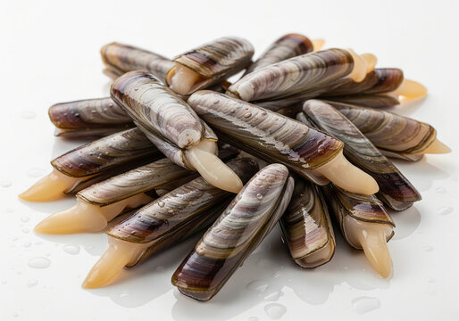 multiple raw razor clams arranged naturally isolated image