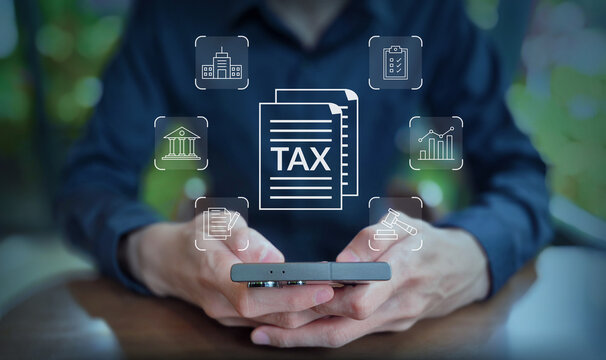 Digital Tax Interface with Finance, Legal, and Government Icons on Smartphone