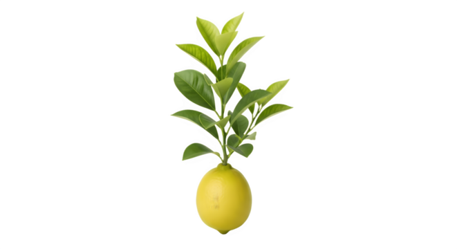 A single fresh yellow lemon with a green leafy branch.