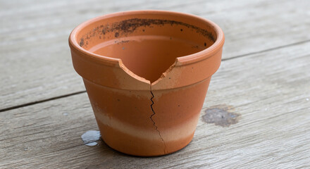 Cracked empty terracotta flower pot on wooden surface