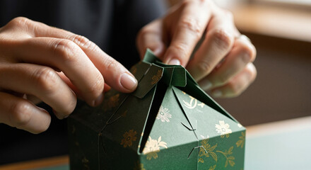Artisan hands folding paper gift box with floral design
