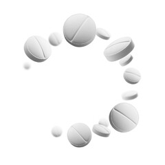 White round tablets levitate on a white background