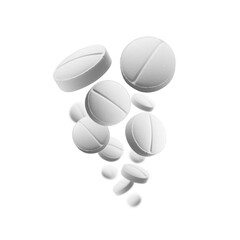 White round tablets levitate on a white background