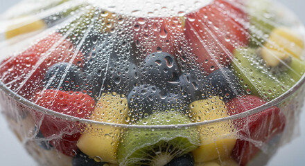 Water droplets on plastic wrap covering fresh fruit salad