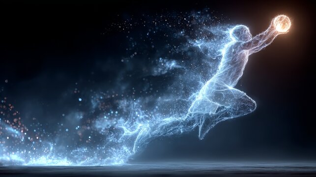 Glowing neon hologram of handball player jumping in mid-air with soccer uniform on dark blue background, motion silhouette with light effects.