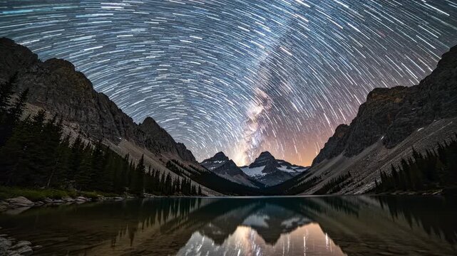 Stunning Star Trails Over Moraine Lake in Banff National Park at Night.