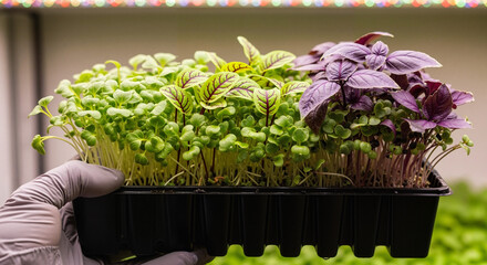 Gloved hand holding tray of colorful microgreens under grow lights
