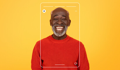 An older man smiles broadly while wearing a vibrant red sweater. The cheerful yellow backdrop adds...