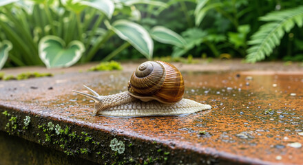 Brown garden snail crawling on wet mossy tile outdoors