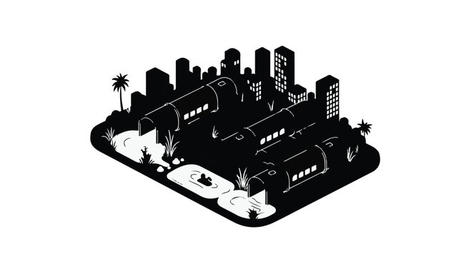 Futuristic cityscape with sleek transport pods and lush greenery