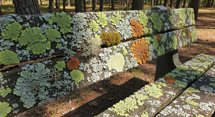 Colorful lichen growing on old wooden park bench in forest