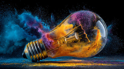 Stunning lightbulb exploding with vibrant colors, ideal for creative concepts, innovative ideas, and electrifying energy, a dazzling explosion of imagination