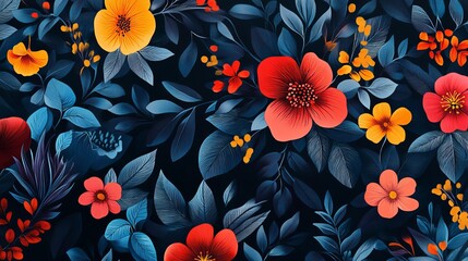 Bold exotic floral pattern with tropical blossoms on dark elegant background