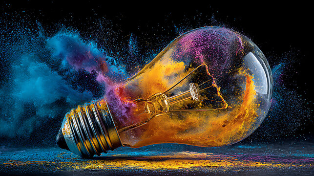 Stunning lightbulb exploding with vibrant colors, ideal for creative concepts, innovative ideas, and electrifying energy, a dazzling explosion of imagination