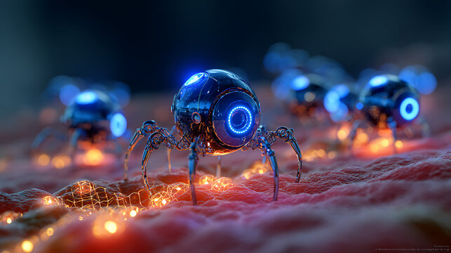 Futuristic nano bots crawling with glowing lights, visualizing advanced technology, digital health, and innovative microscopic medicine for cutting-edge research