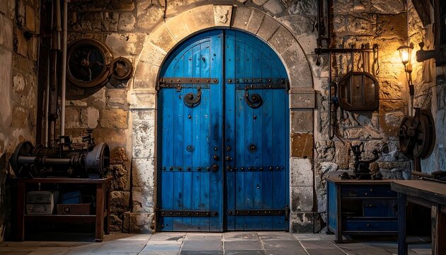 A rustic arched doorway with weathered blue double doors opens within a dimly lit stone workshop. Industrial tools and equipment adorn walls
