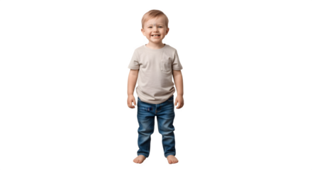 Happy little boy in casual clothes standing and smiling.