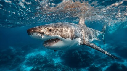 Naklejka premium Great white shark with mouth open swimming in blue ocean water with waves, powerful marine predator in natural habitat.